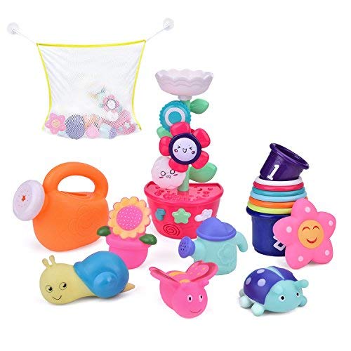 9 PCs Bath Toys for Toddlers, Flower Waterfall Water Station Garden Squirter Toys, Stacking Cups Watering Can, Bath Toy Organizer Included for Kids