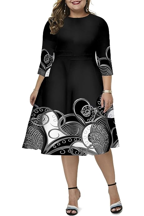 Women's Plus Size Vintage Midi Dress 3/4 Sleeve Patchwork Floral Flared A-Line Cocktail Party Formal Dresses