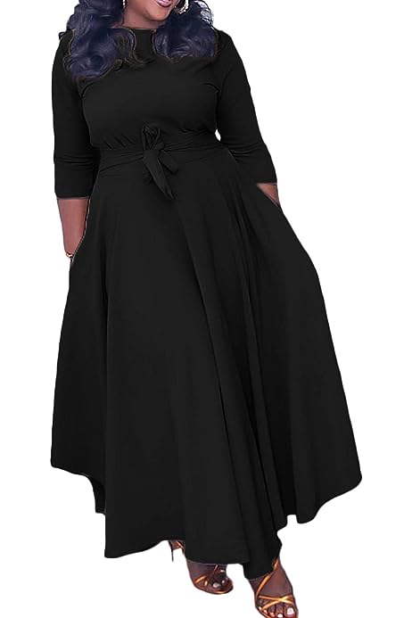 Women's A Line Self Tie Waist Maxi Dress Round Neck 3/4 Sleeve High Waist Plus Size Swing Flare Long Dresses