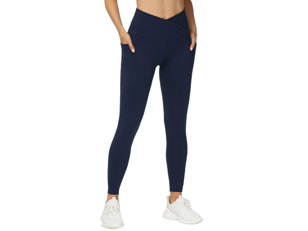 Womens'' V Cross Waist Workout Leggings with Tummy Control and Pockets