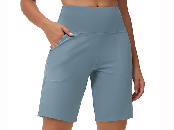 Women''s High Waisted Bermuda Workout Shorts Long Hiking Running Shorts with Zipper Pockets