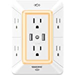 Multi Plug Outlet, Outlet Expanders, ONDOG Surge Protector with 6-Outlet Extender and 2 USB Ports and Night Light, 3-Sided Power Strip with Adapter Spaced Outlets - White，ETL Listed