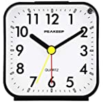 Peakeep Small Battery Operated Analog Travel Alarm Clock Silent No Ticking, Lighted on Demand and Snooze, Beep Sounds, Gentle Wake, Ascending Alarm, Easy Set (Black)