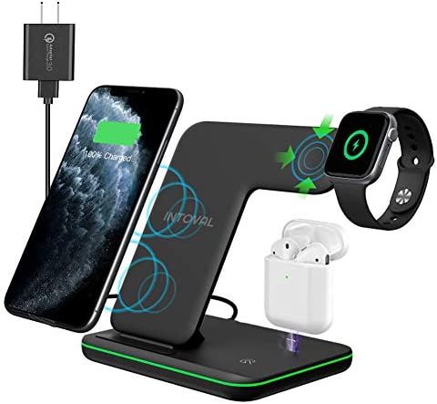 Intoval Wireless Charger, 3 in 1 Charger for iPhone/iWatch/Airpods, Qi-Certified Charging Station for iPhone 13/12/11/Pro/Max/XS/Max/XR/XS/X, iWatch 7/6/SE/5/4/3/2, Airpods Pro/3/2/1 (Z5,Black)