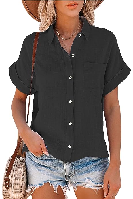 Womens Short Sleeve Cotton Button Down Up Shirt Collared V Neck Tops Shirts Blouses Dress for Women Western Wear