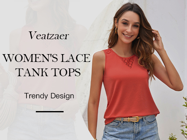 Veatzaer Women&#39;s Lace Tank Tops for Summer Crew Neck Casual Loose Fit Sleeveless Shirt