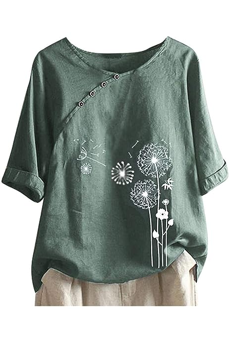 Linen Button Down Shirt Women Half Sleeve Loose Vintage Blouses Top Dandelion Print Casual Summer Comfy Shirts Tops