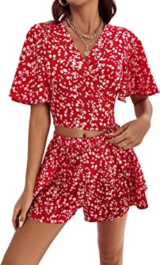 SweatyRocks Women's 2 Piece Boho Print V Neck Butterfly Sleeve Knot Front Crop Top with Shorts Set