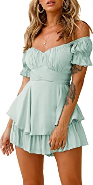 Selowin Women's Summer Off Shoulder Boho Floral Jumpsuit Ruffle Hem Shorts Rompers