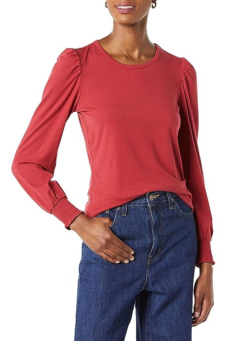 Women's Long-Sleeve Crewneck Smocked Cuff T-Shirt