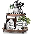 10 Pieces Farmhouse Decor for Tiered Tray, Black White Buffalo Plaid Gnome Wooden Mini Sign Rustic Table Ornaments with String Lights for Kitchen Table Decoration, Housewarming Gift