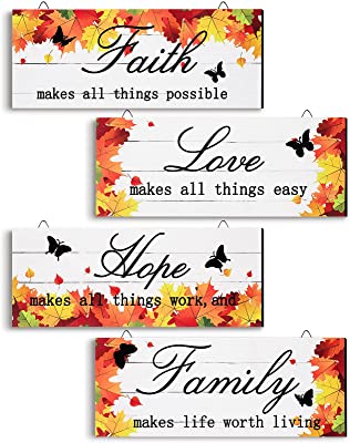 4 Pieces Maple Front Porch Door Plaque Faith Love Hope Family Wood Sign Maple Leaf Hanging Sign Rustic Farmhouse Hanging Decor for Home Living Room Supplies, 10 x 4 Inch (Elegant Style)