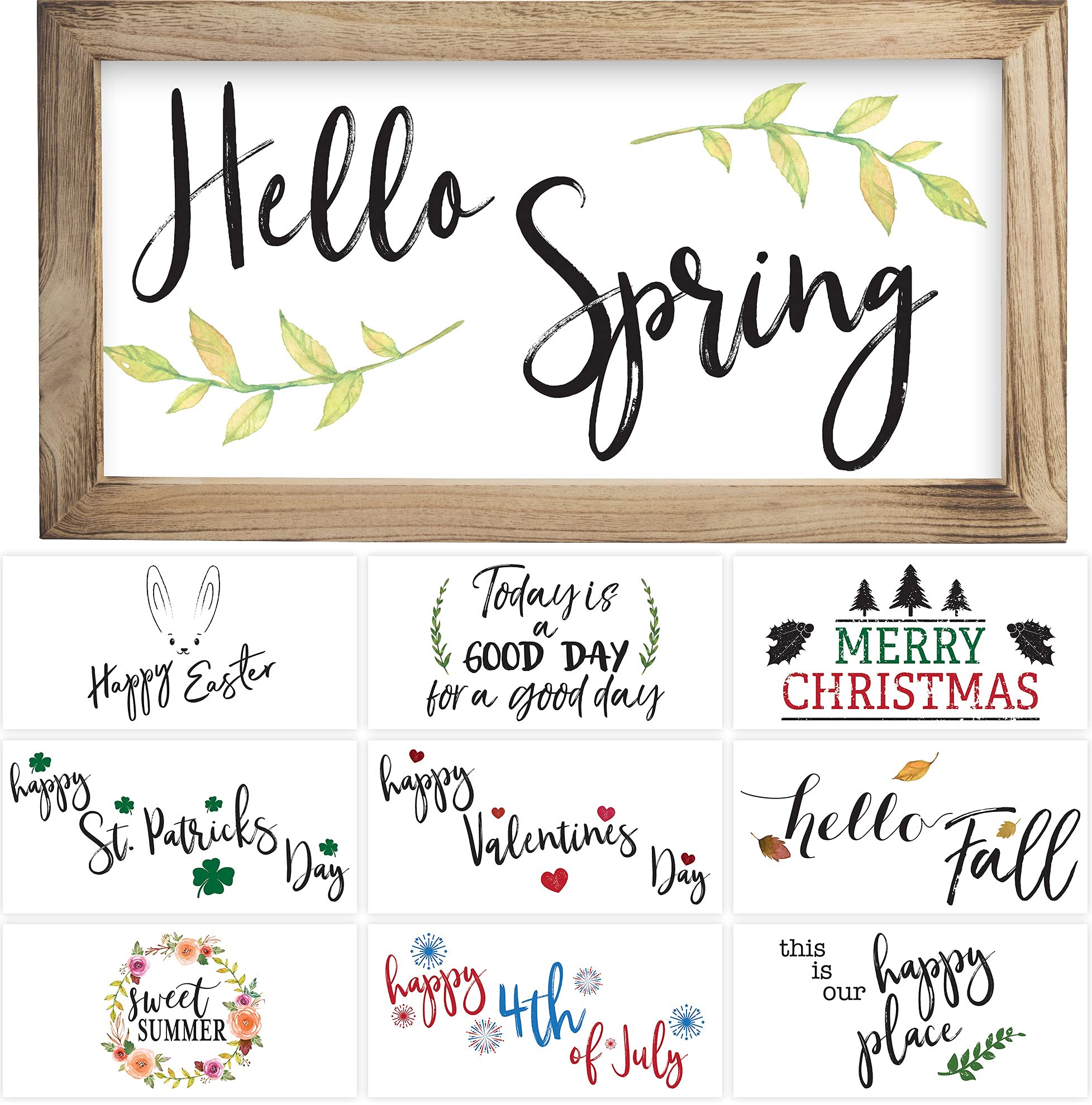 Farmhouse Wall Decor Signs For Spring and Summer Decor With Interchangeable Sayings - Rustic 9X17” Wood Picture Frame with 10 Designs - Easy To Hang Indoor Decorations For Your Home