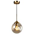 KCO Lighting Mid Century Pendant Light Gold Glass Globe Hanging Light 1-Light Adjustable Modern Ceiling Pendant Light Fixture for Dining Room Kitchen Island Bedroom (Amber)