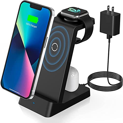 Wireless Charging Station, 18W Fast Wireless Charger Compatible with iPhone 14/13/12/11/Pro/SE/XS/XR/X/8 Plus/8, 3 in 1 Wireless Charging Dock Stand for Apple Watch Series & Airpods (with Adapter)