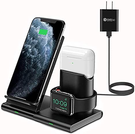 Hoidokly Wireless Charger, 3 in 1 Charging Station Dock for Airpods Pro/3/2, AppIe Watch 8/7/6/5/4/3, Fast Wireless Charging Stand for iPhone 14 Pro Max/14/13/12/11/XR/XS/X/8/8 Plus(with QC Adapter)