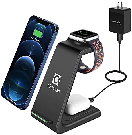 Wireless Charger,3 in 1 Wireless Charging Station,Qi Fast Charging Stand Dock for Apple Watch Series,AirPods,iPhone 14 13 12 11 Pro Max X XR XS 8 Plus with QC 3.0 Adapter by Alpharan (Black)