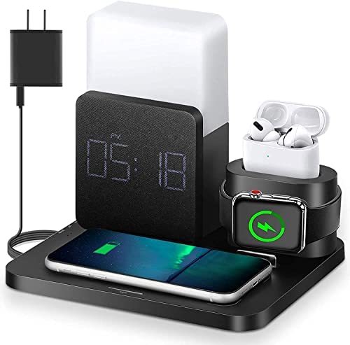 Wireless Charger,3 in 1 Fast Charging Station with Digital Alarm Clock and Night Light,Compatible for iPhone 13/13 Pro/12/12Pro Max/11 Series/XS Mas/XR/XS/8/8 Plus/iwatch/AirPods/Samsung Galaxy