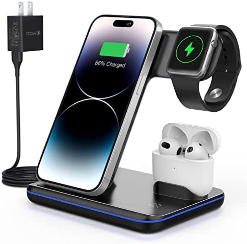 ZUBARR 3 in 1 Wireless Charger,15W Fast Wireless Charging Station Compatible with iWatch Series 8/7/SE/6/5/4/3/2,AirPods Pro/3/2/1, iPhone 14/13/12/11 Series/XS MAX/XR/XS/X/8/8 Plus/Samsung(Black)