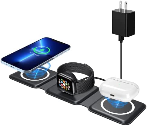 Wireless Charger 3 in 1, Magnetic Foldable Wireless Charging Station for iPhone 14/13/12/11 Pro Max/X/Xs Max/8/8 Plus, AirPods 3/2/pro, iWatch Series 7/6/5/SE/4/3/2 (Adapter Inclues)