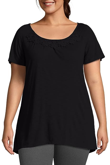 Women's Shirt, Plus Size Short-Sleeve Slub Jersey Women's Tunic, JMS Short Sleve Shirt With Crochet Trim