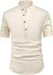 NITAGUT Mens Linen Henley Shirt Half Sleeve Beach Yoga Casual Fit Tops