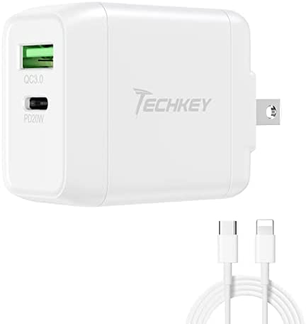 USB C Wall Charger, Techkey 20W 2-Port Fast Charger USB Type C Charger 5V / 3A Power Adapter Quick Charge 3.0 with Foldable Plug for iPhone 12/11 / X / 8/7 / 6, iPad and More