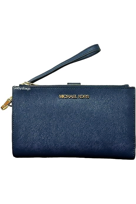 Jet Set Travel Double Zip Saffiano Leather Wristlet (Navy)