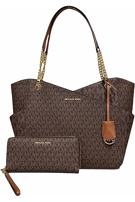 JST Large Chain Shoulder Tote JST Continental Wristlet (Brown Signature)