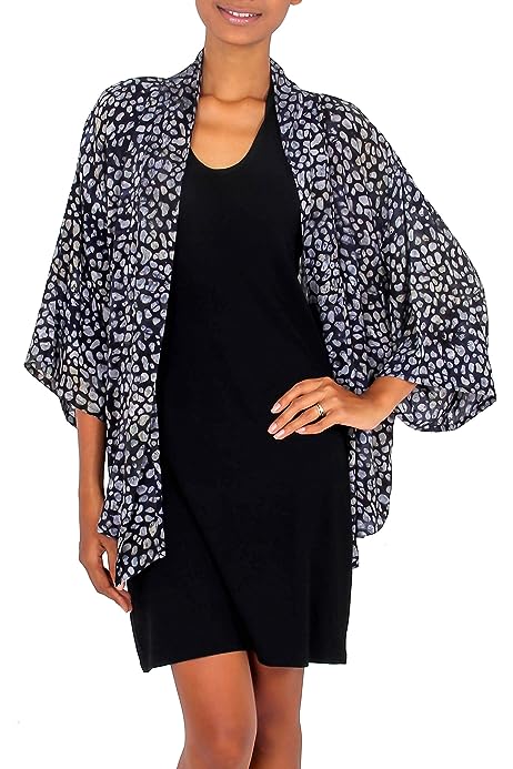 Handmade Rayon Kimono Jacket Women's Black Grey Batik Print Clothing Patterned Indonesia 'Borneo Slate'