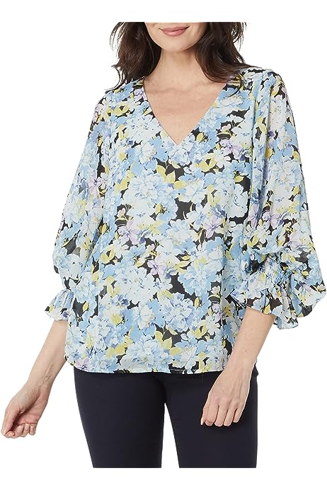 V-Neck Balloon Sleeve Blouse Sea Breeze XS