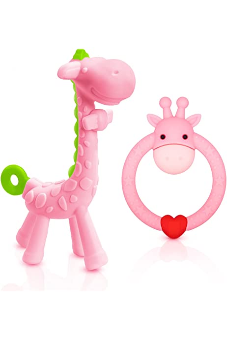 SHARE&CARE BPA Free 2 Silicone Giraffe Baby Teether Toy with Storage Case, for 3 Months Above Infant Sore Gums Pain Relief and Baby Shower, Set of 2 Different Teething Toys (Pink)