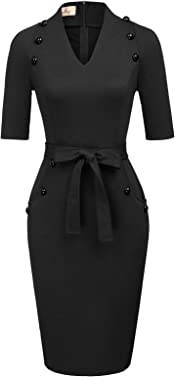 GRACE KARIN Women's Vintage Short Sleeve Slim Fit Belted Business Pencil Dress