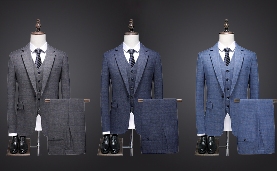 Mens Plaid Tweed 3 Piece Suits Slim Fit One Button Suit Tuxedo Set