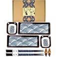 Artcome 8 Piece Japanese Style Ceramic Sushi Plate Dinnerware Set for Wedding Housewarming - 2 Sushi Plates, 2 Sauce Dishes, 2 Pairs of Chopsticks, 2 Chopsticks Holders