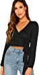 Floerns Women's Long Sleeve Deep V Neck Surplice Wrap Knot Crop Tee