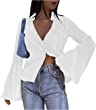 LYANER Women's Deep V Neck Button Front Bell Long Sleeve Blouse Shirt Top