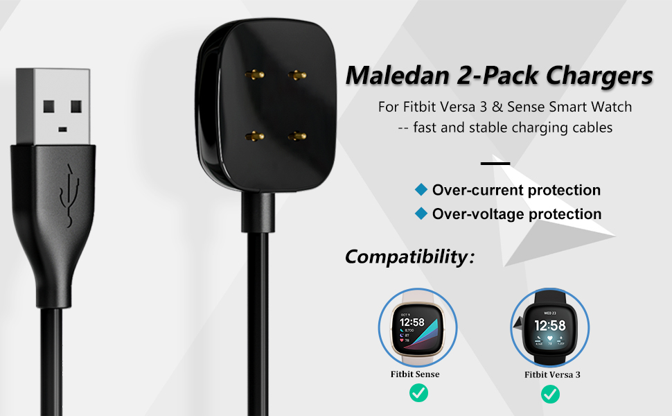 Maledan 2 pack chargers for Fitbit Versa 3 and Sense Watch