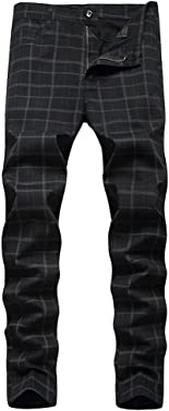 Mens Plaid Pants Casual Stretch Slim Fit Dress Chino Pants