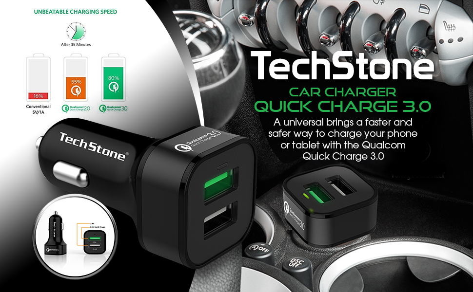 TechStone Car Charger Dual USB in Car Fast Charging Adapter Quick Charge 3.0