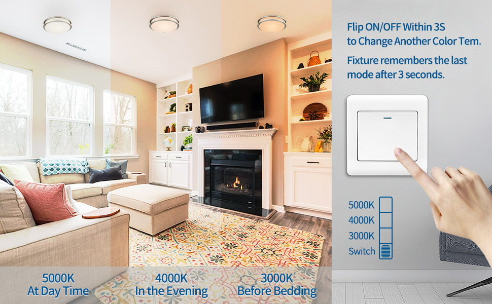 Dakason LED flush mount ceiling light with switch to change color temperature.