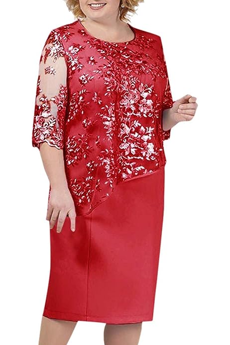 Plus Size Women Lace Short Sleeve Midi Dress Ladies Cocktail Evening Party Dress