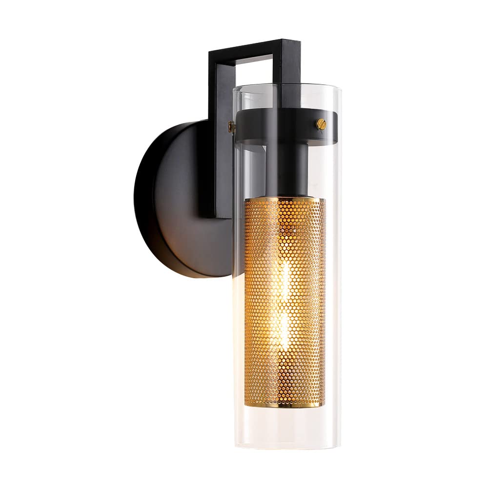 Modern Dual Shade Wall Sconces with Clear Glass Outer Shade and Metal Mesh Inner Shade Indoor Black and Gold Wall Mounted Lamp for Mirror, Living Room, Bedroom, Hallway, Porch, Corridor