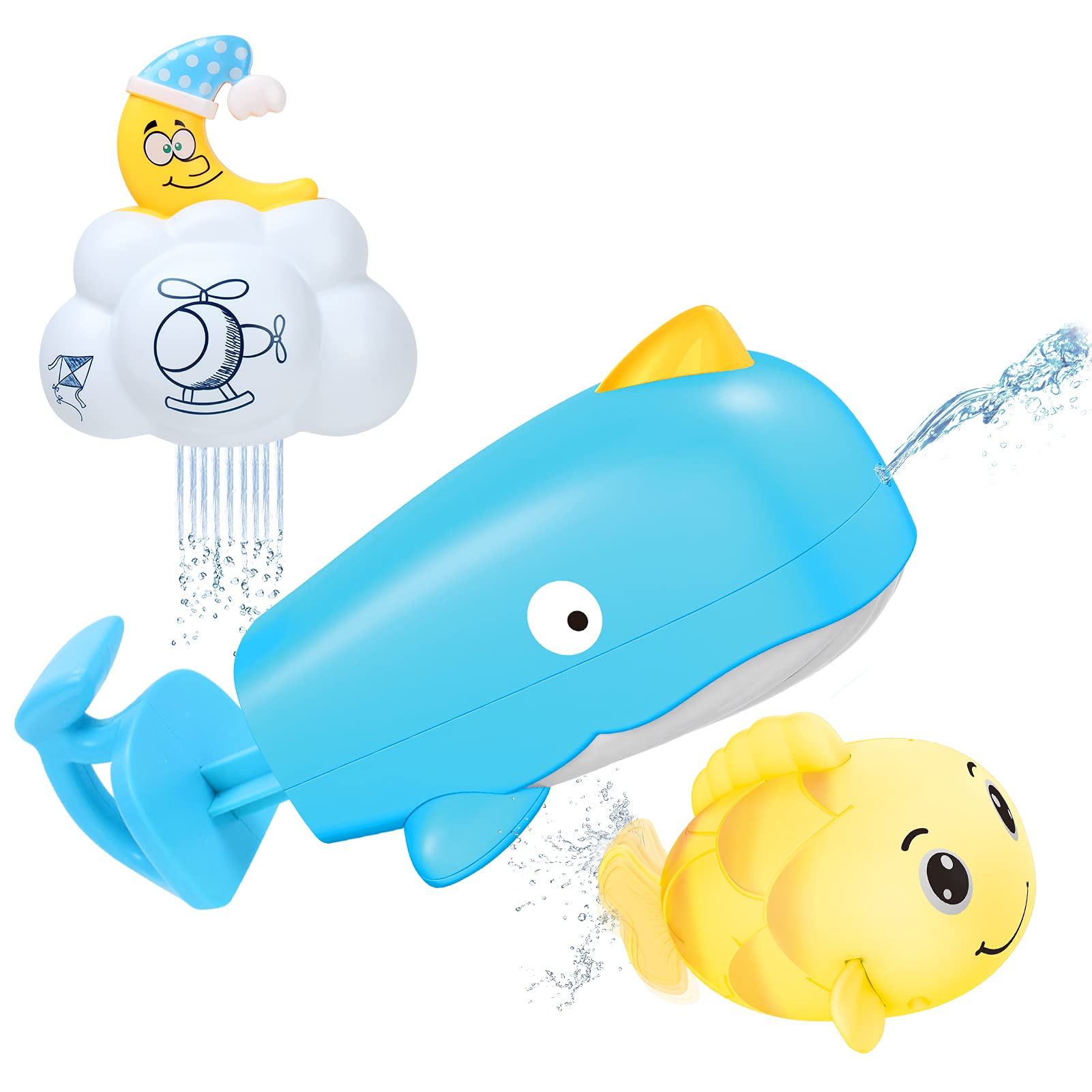 GAMZOO Bath Toys for Toddlers, 3 Pcs Baby Bath Toys - Wind-up Fish Bathtub Set, Spray Water Cloud & Hand-Pull Whale - Water Gun Bath Birthday Gifts for Kids