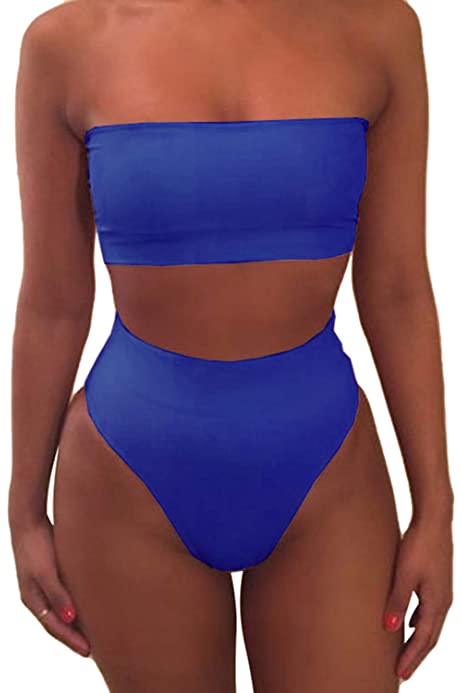 Women's Removable Strap Bandeau Top High Cut Cheeky Bikini Set Swimsuit