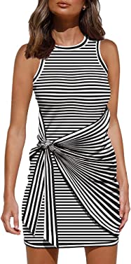 LILLUSORY Women's 2023 Spring Casual Sleeveless Beach Tank Dress Bodycon Ruched Mini Dresses