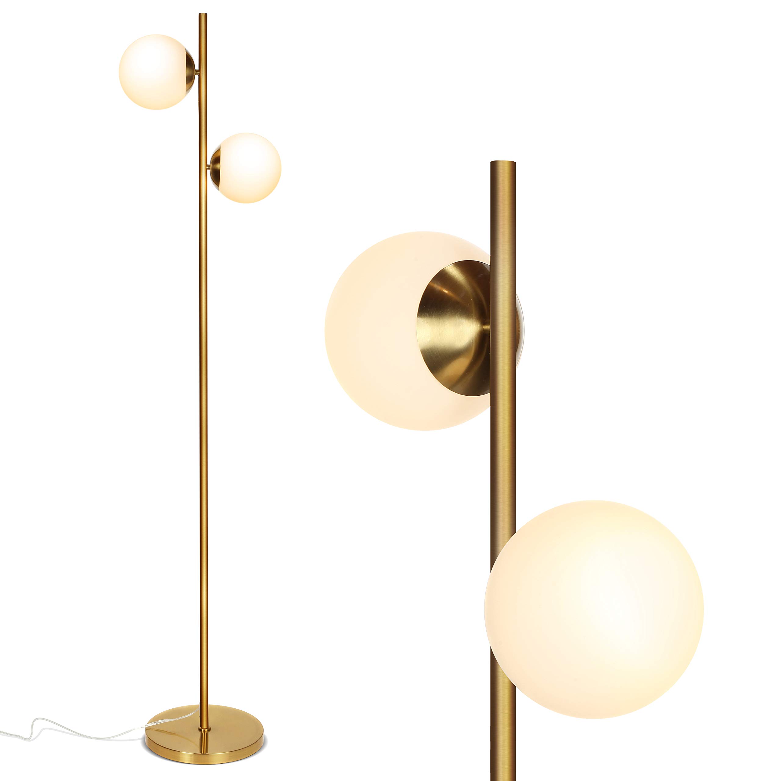 Brightech Sphere Floor Lamp for Living Room, Mid-Century Modern 2 Globe Pole Light for Bedroom, Bright LED Standing Lamps for Offices, Contemporary Living Room Décor – Gold/Antique Brass