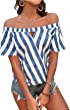 SheIn Women's Striped Off Shoulder Short Sleeve Cut Out Wrap Blouse Shirt Tops