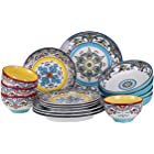 Euro Ceramica Zanzibar Double Bowl 16-Piece Dinnerware Set | Fine Kitchenware | Floral Multicolor Design Stoneware Tableware Service For 4