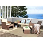 OC Orange-Casual 6 Piece Outdoor Furniture Set, All-Weather Wicker Conversation Set, Patio Chair and Loveseat w/Ottoman &amp; Side Table, Brown Rattan, Beige Cushion